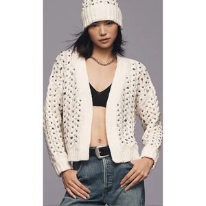 NWT Maeve Anthropologie cream jewel Embellished Cardigan Cable‎ Knit Sweater OS